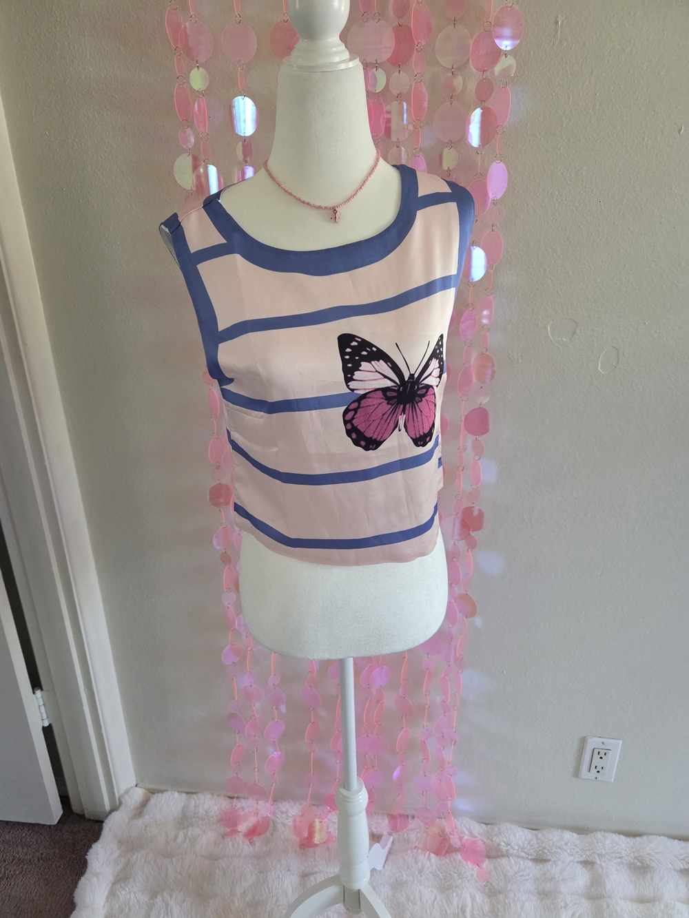 Vintage Pink Butterfly Striped Crop Top